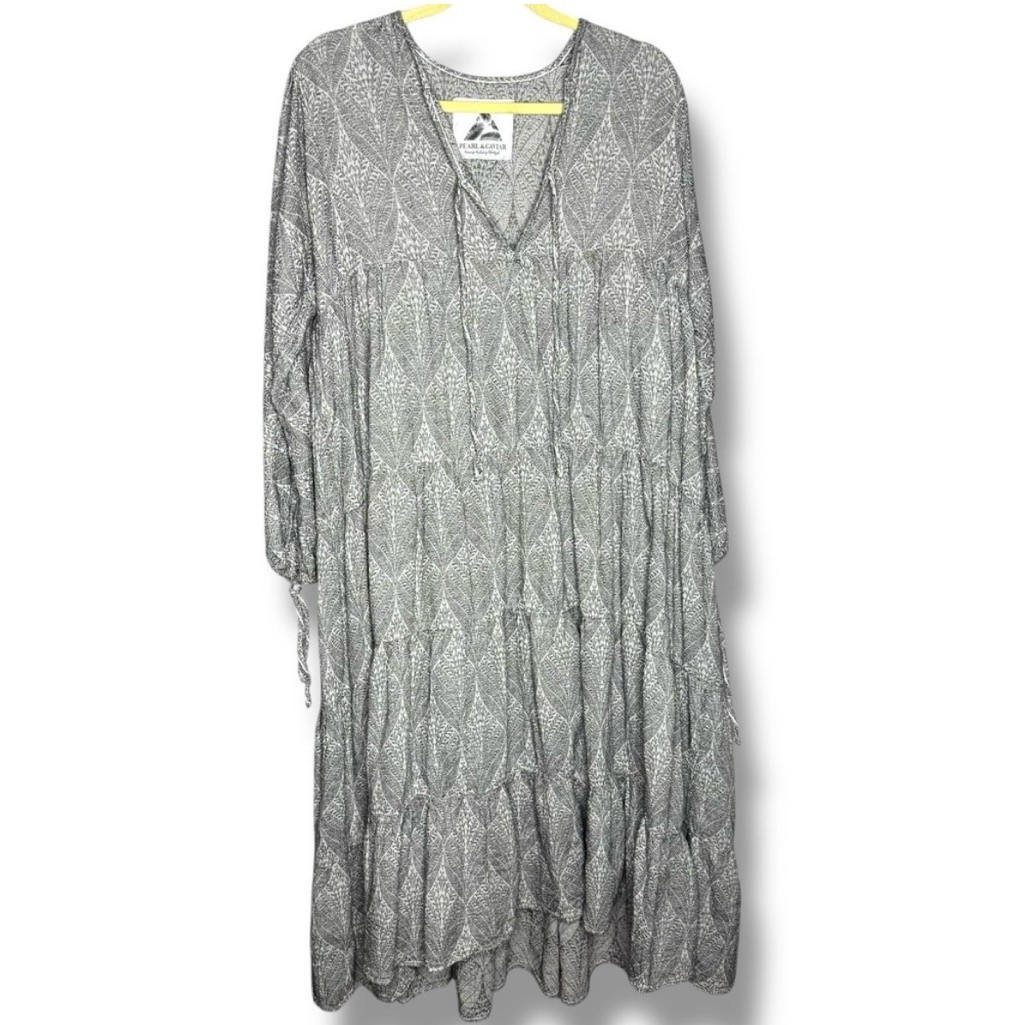 Pearl & Caviar Cotton Embroidered Maxi Dress Black Tiered Pleated Skirt M/L